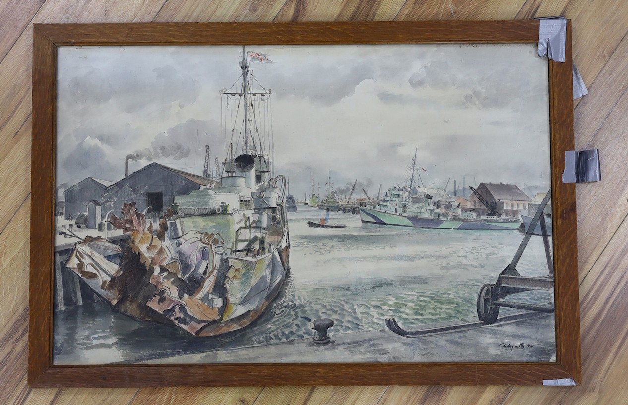 Roland Vivian Pitchforth (1895 -1982), watercolour and ink, 'Torpedoed frigate', signed and dated '44, National War Pictures label verso, 50 x 78cm